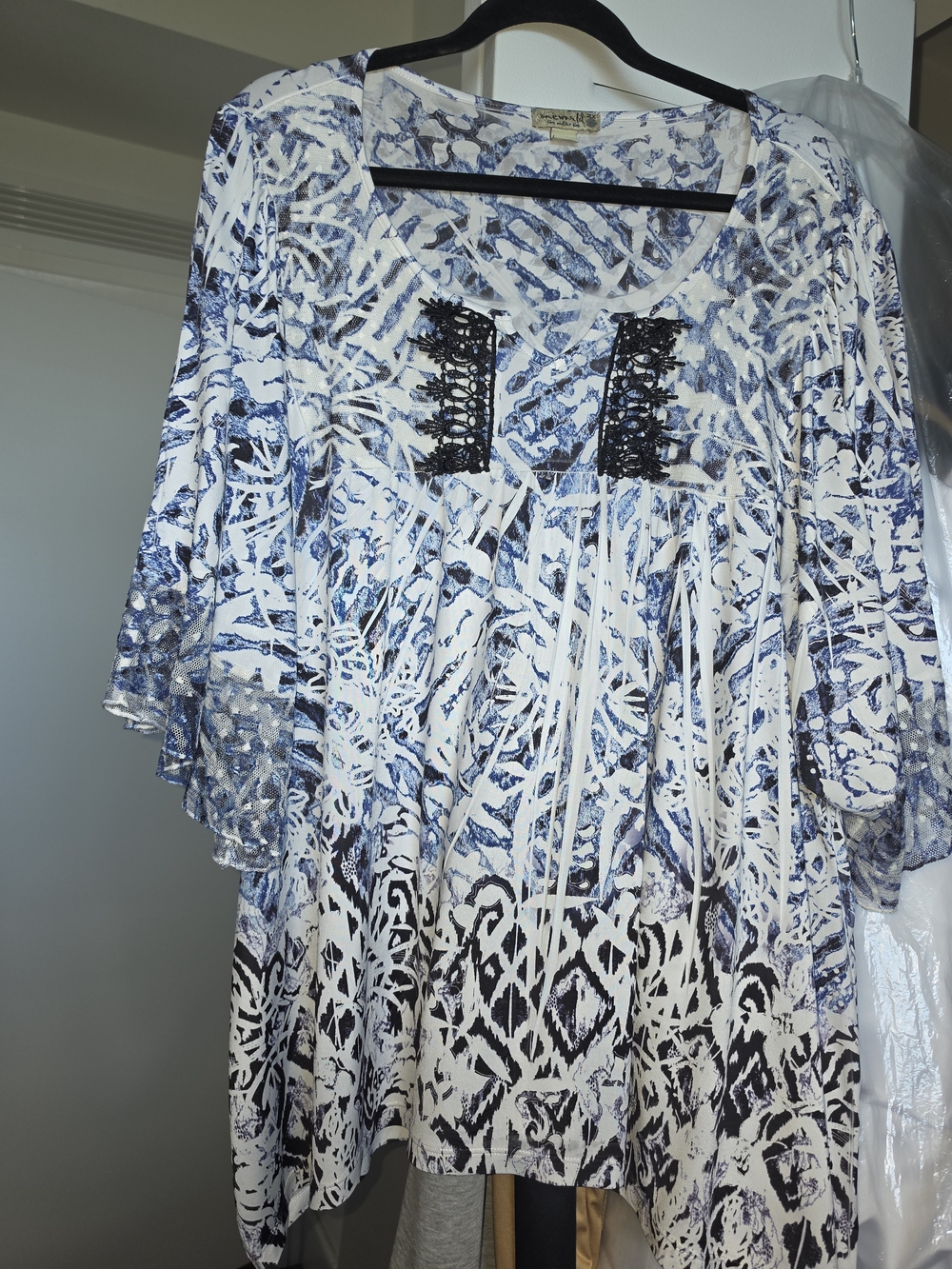 Blue & White Printed Lace-Front Women's Tunic